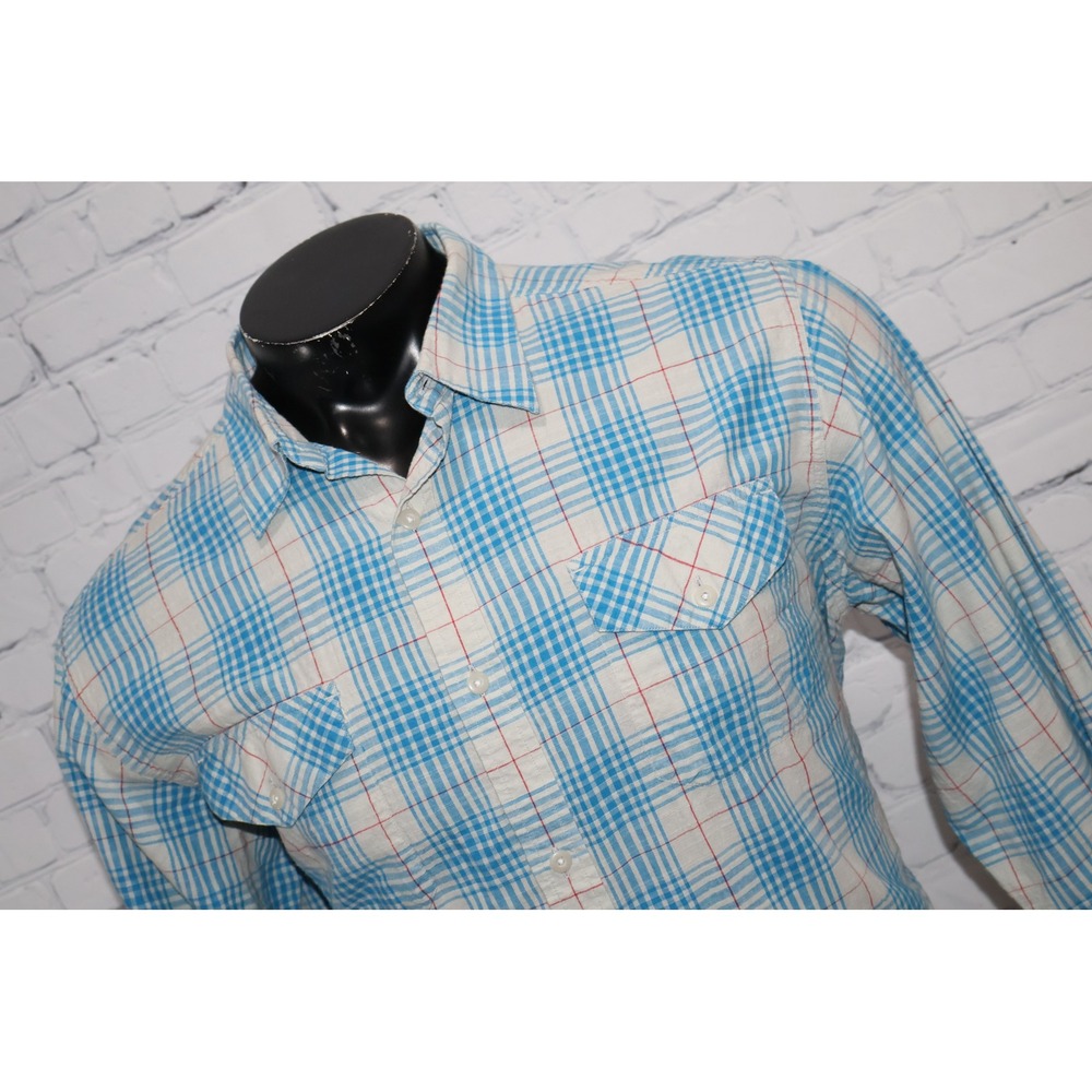Mountain Khakis Button Down Mens Large Blue Gray Plaid Long Sleeve Pocket Cotton